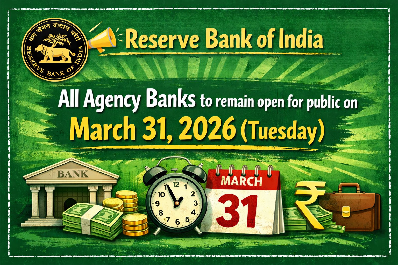 All Agency Banks to remain open for public on March 31, 2026 (Tuesday)