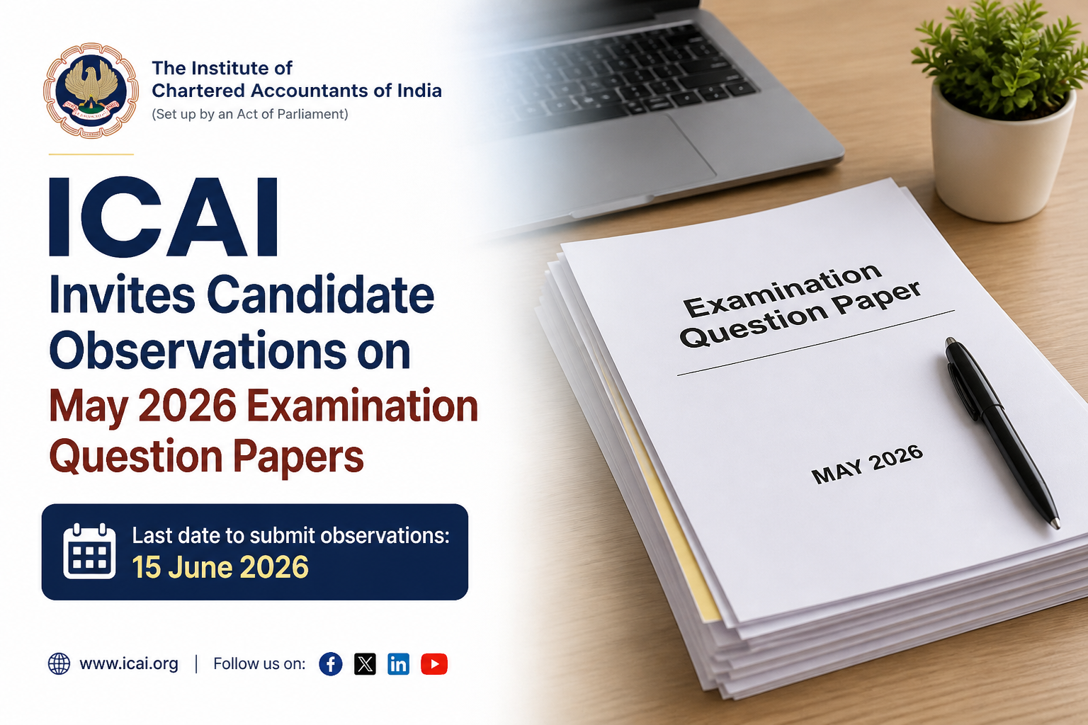 ICAI Invites Candidate Observations on May 2026 Examination Question Papers